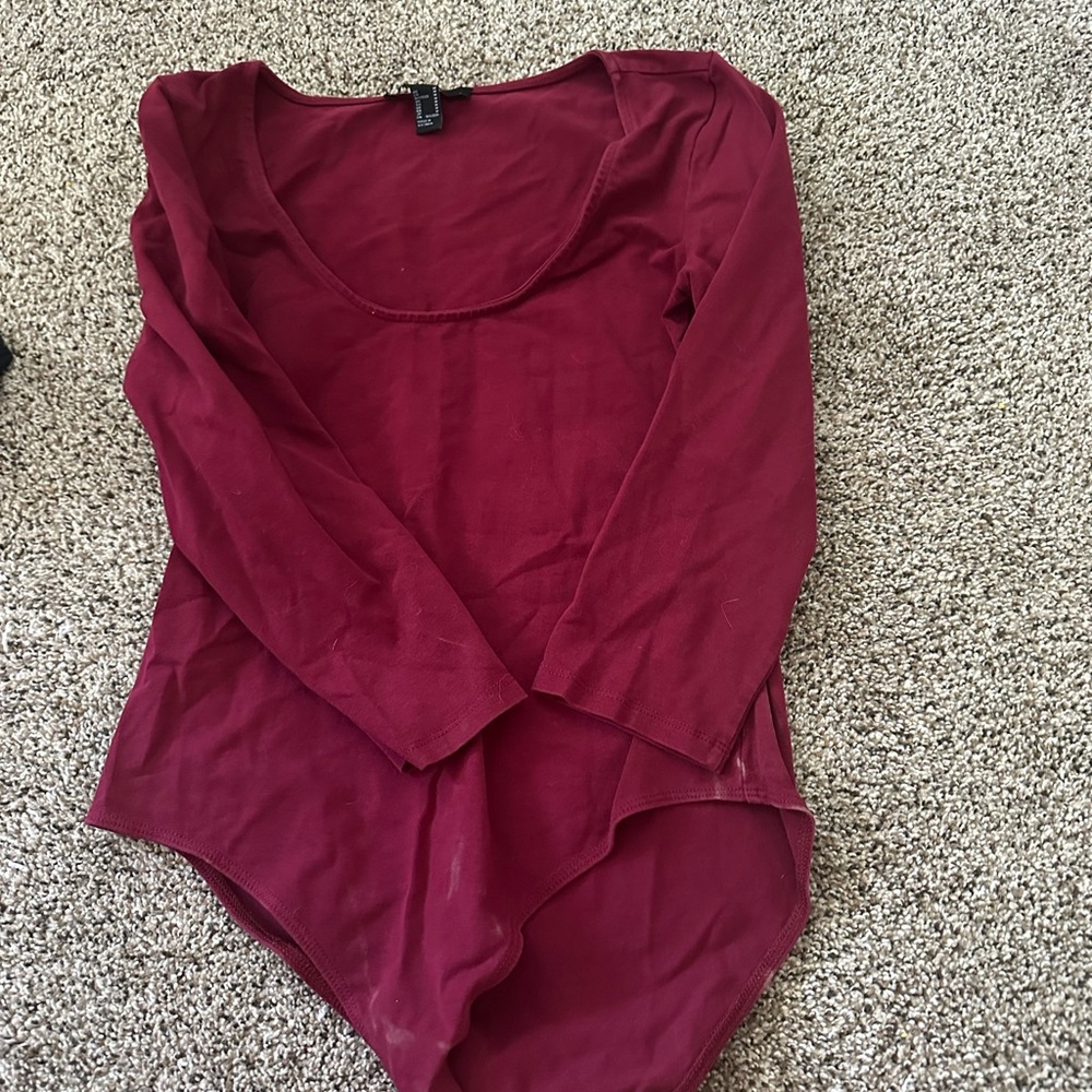 Forever 21 Red Long Sleeve Fitted Bodysuit